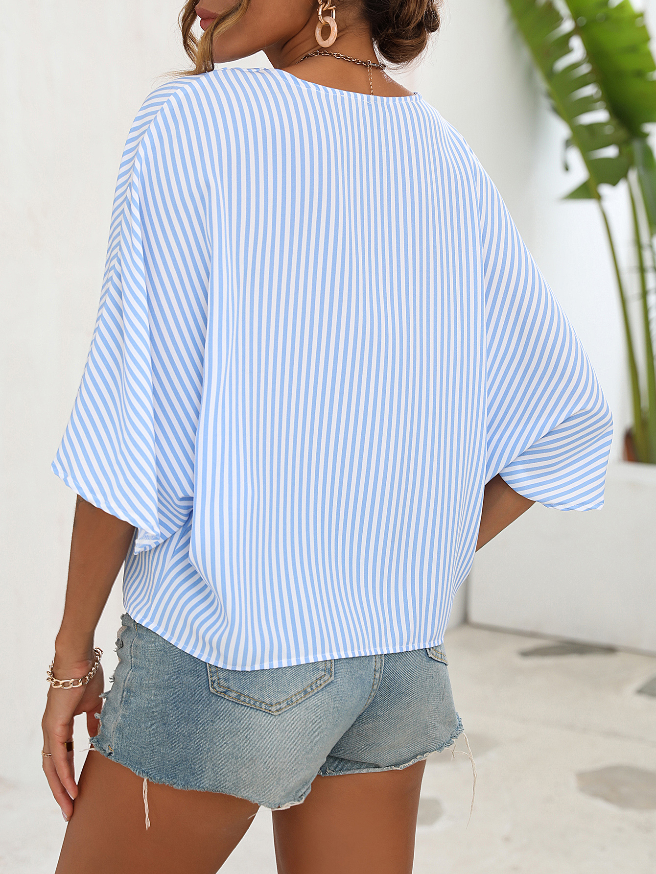 Striped Batwing Sleeve Button Front Blouse