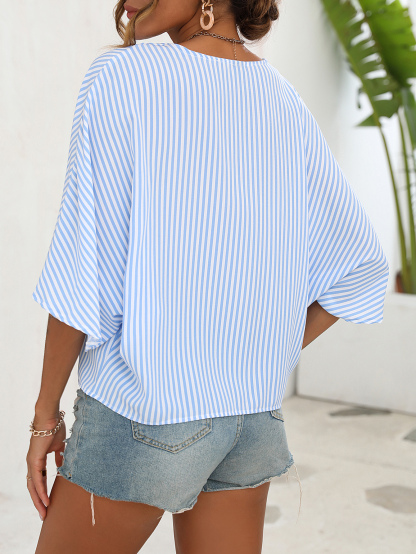 Striped Batwing Sleeve Button Front Blouse