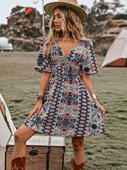 Allover Print Butterfly Sleeve Belted Dress Vacation Beach Outfits Women