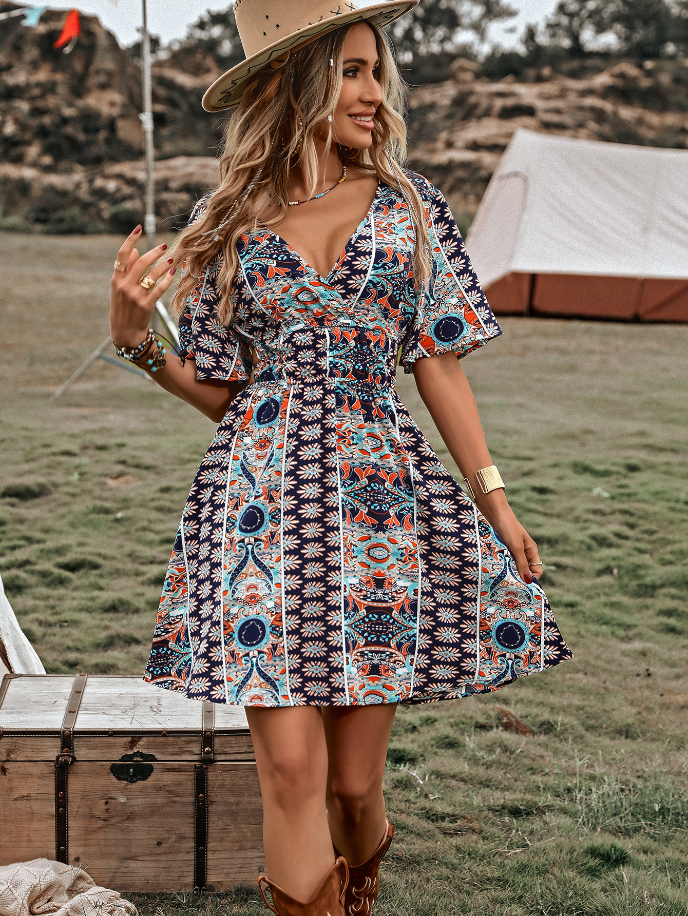 Allover Print Butterfly Sleeve Belted Dress Vacation Beach Outfits Women