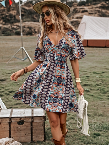 Allover Print Butterfly Sleeve Belted Dress Vacation Beach Outfits Women