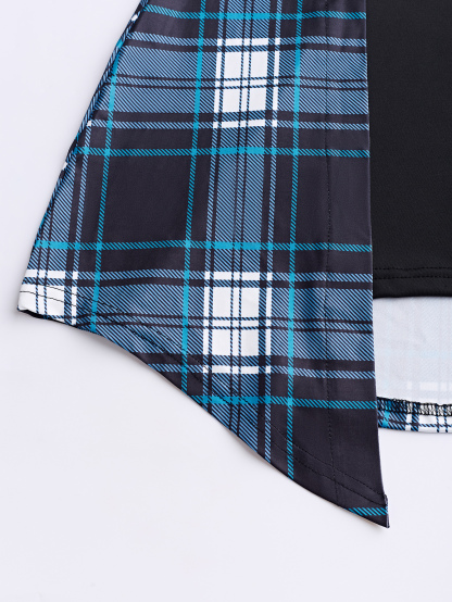 XD054 Women's Summer Asymmetrical Hem Short Sleeve Plaid Patchwork Casual T-Shirt Graphic Tees Women Tops