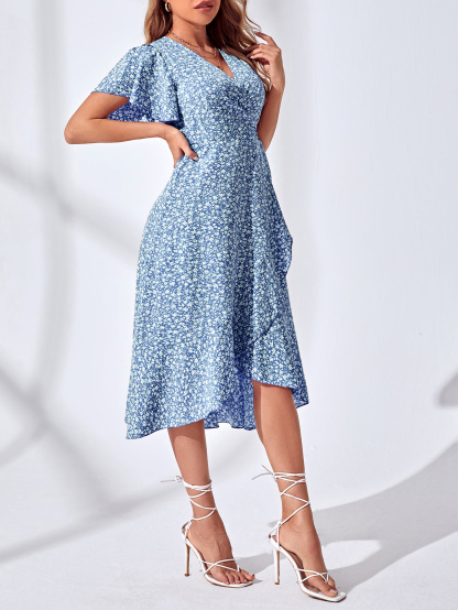 XH451 Floral Print Ruffle Sleeves Knotted Side Wrap Dress