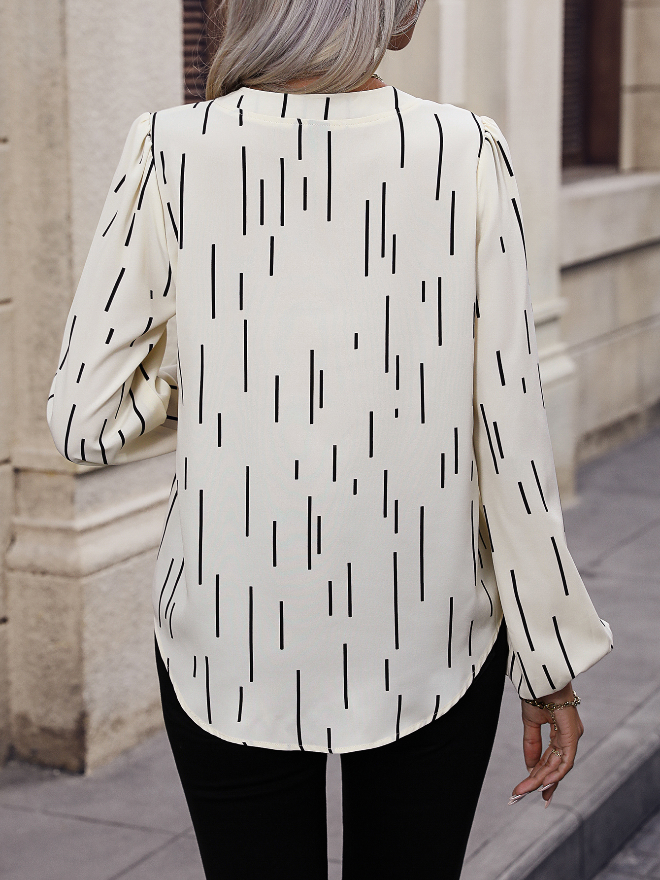 XH231 Clasi Allover Print Notched Neckline Lantern Sleeve Blouse,Long Sleeve Tops Fall Cloth For Women