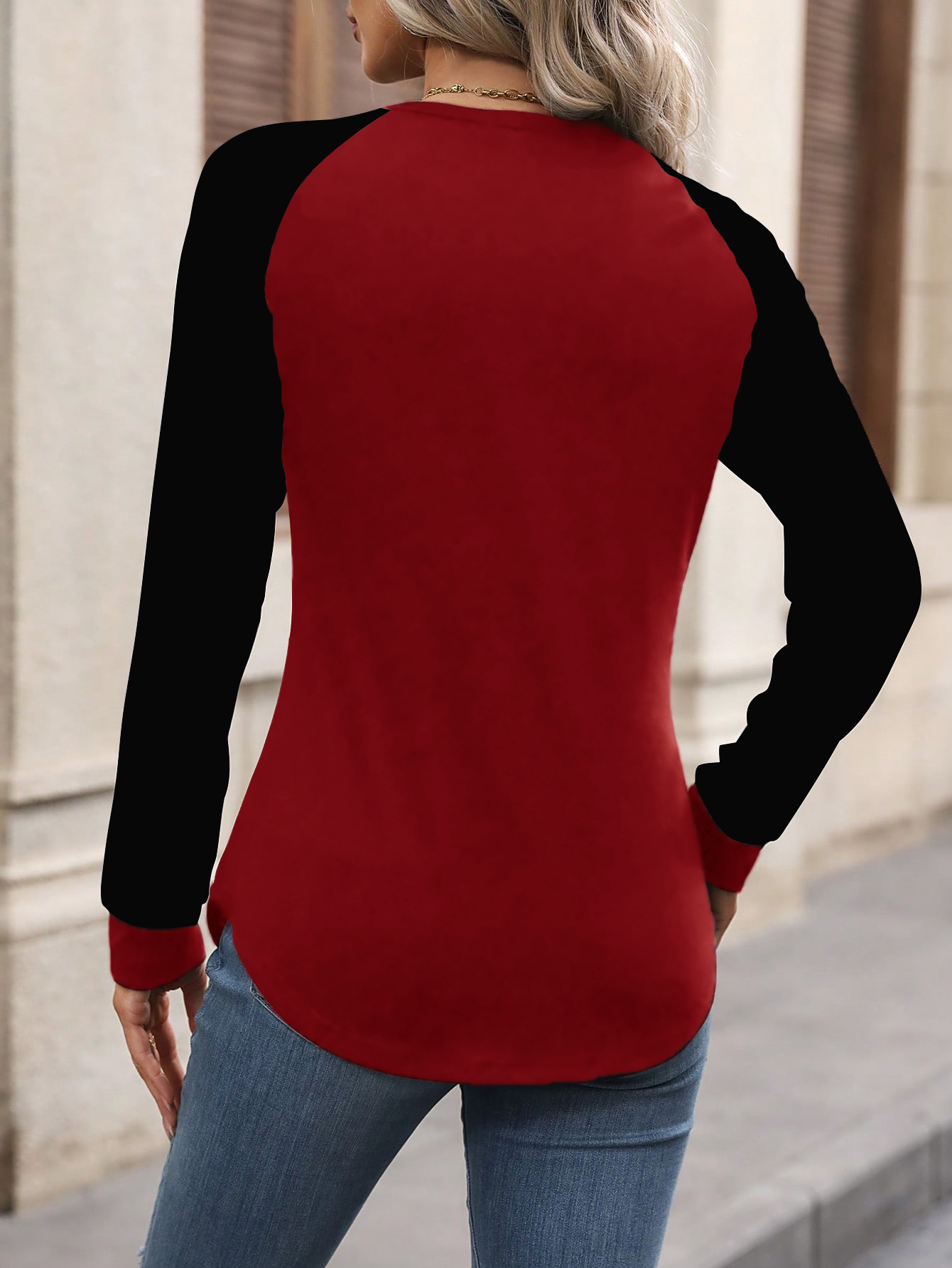 XH199 Women Casual Color Block Raglan Sleeve Long Sleeve T-Shirt, For Autumn Daily Wear Graphic Tees Women Tops For Spring Outfit