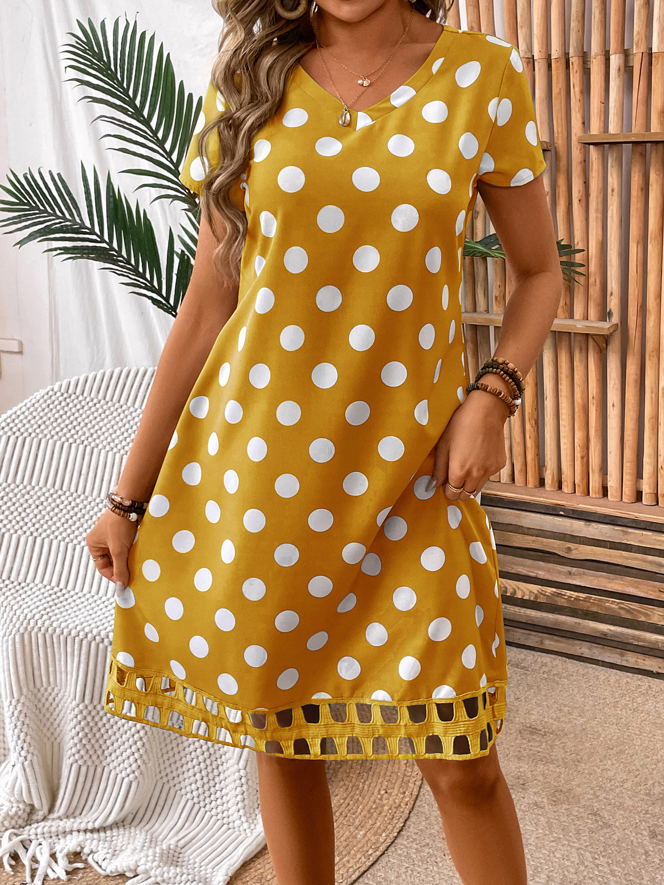 Women's Polka Dot Printed V-Neck Short Sleeve Dress