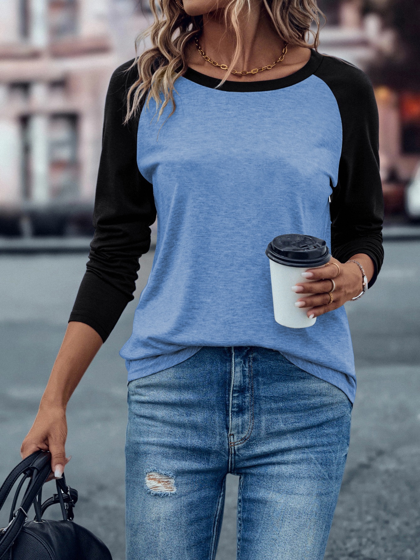 XH315 Colorblock Raglan Sleeve Tee Graphic Tees Women Tops(Can be customized printing)