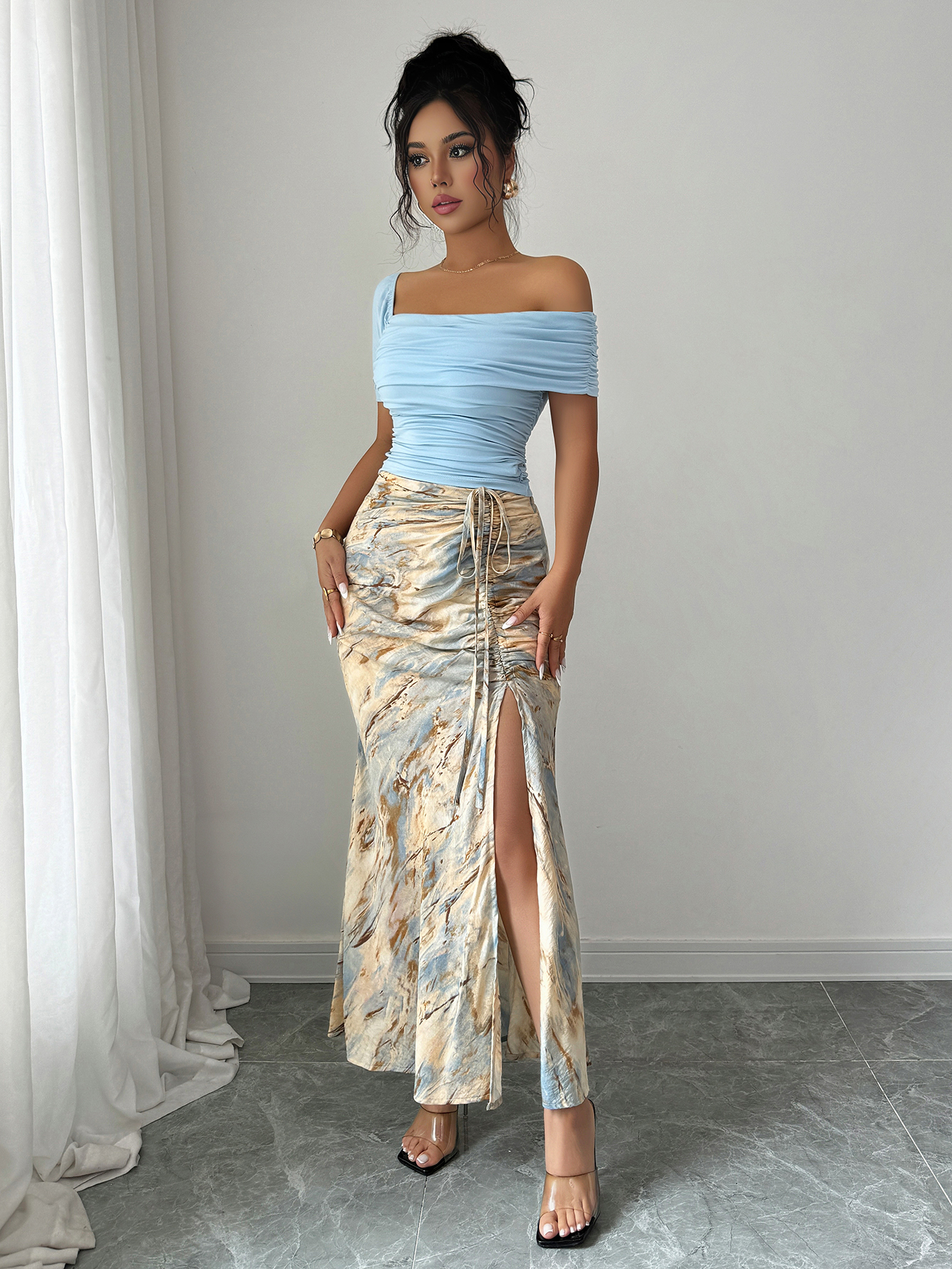 2pcs Women Set: Solid Asymmetrical Neck Pleated Blouse And Tie-Dye Side Slit A-Line Skirt