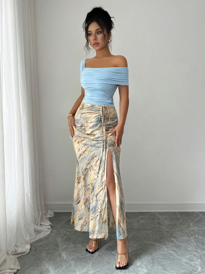 2pcs Women Set: Solid Asymmetrical Neck Pleated Blouse And Tie-Dye Side Slit A-Line Skirt