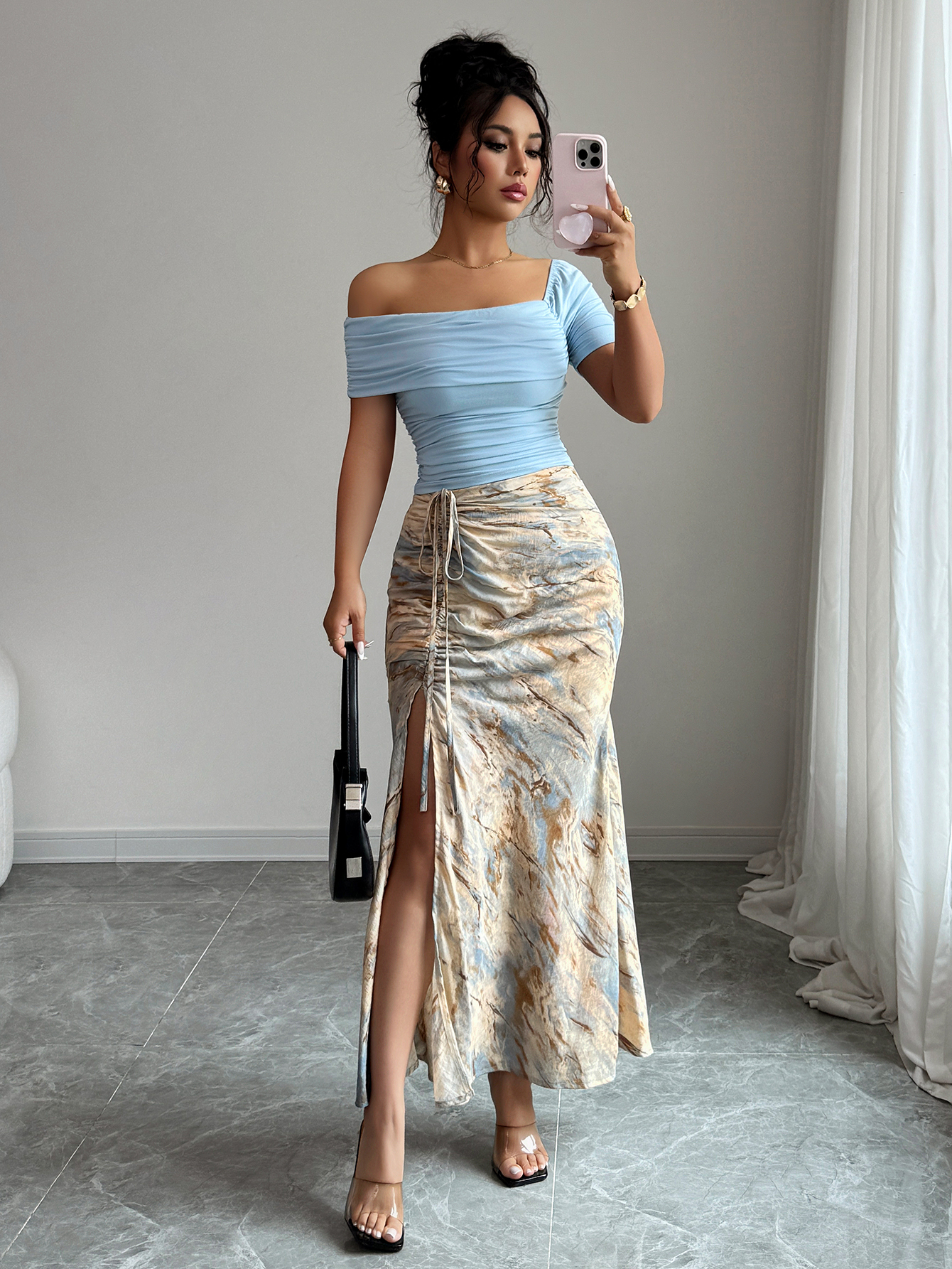 2pcs Women Set: Solid Asymmetrical Neck Pleated Blouse And Tie-Dye Side Slit A-Line Skirt