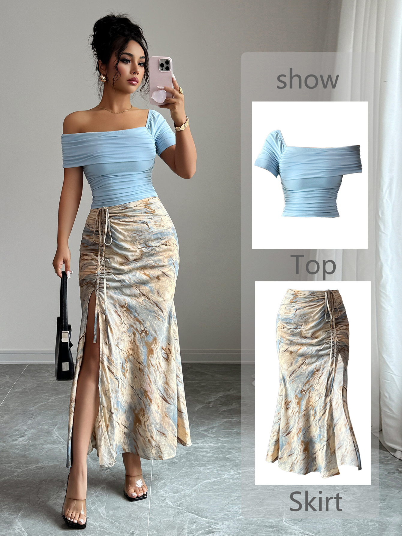 2pcs Women Set: Solid Asymmetrical Neck Pleated Blouse And Tie-Dye Side Slit A-Line Skirt