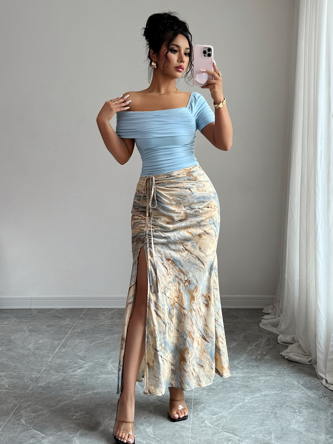 2pcs Women Set: Solid Asymmetrical Neck Pleated Blouse And Tie-Dye Side Slit A-Line Skirt