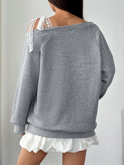 Women's off-shoulder sweatshirt with creative hand-woven bow and lace ties