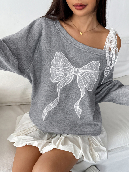 Women's off-shoulder sweatshirt with creative hand-woven bow and lace ties