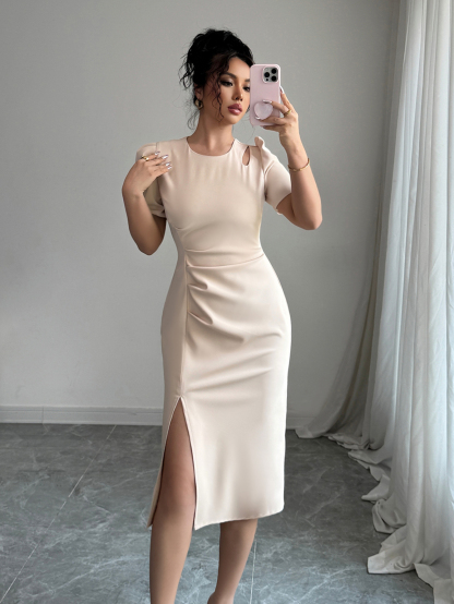 Women's Solid Color Round Neck Short Puff Sleeve Elegant Cutout Shoulder Dress