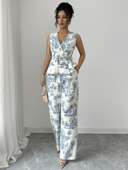 Women Elegant Full Print V-Neck Sleeveless D-Ring Belted Peplum Top & Loose Wide Leg