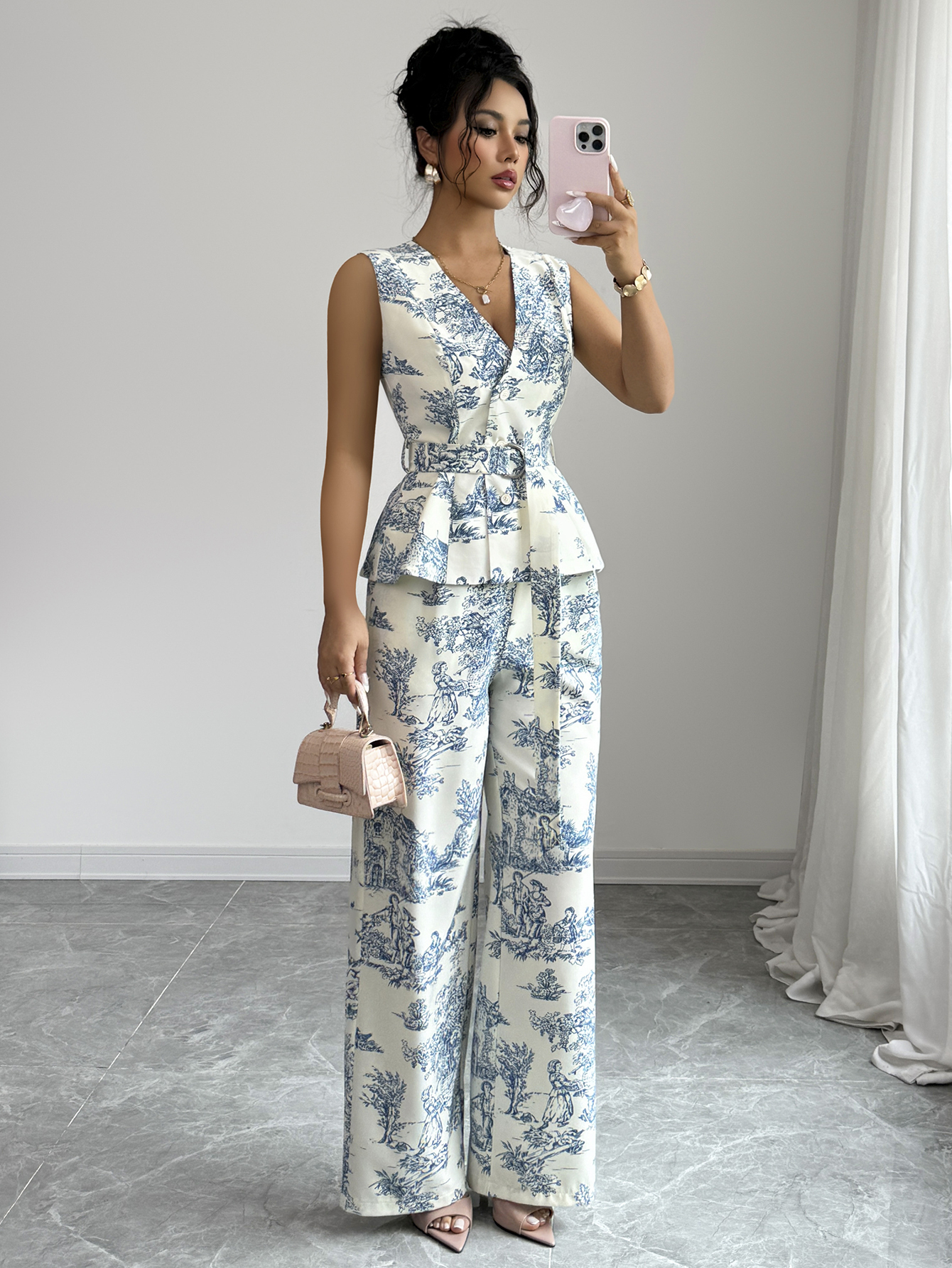 Women Elegant Full Print V-Neck Sleeveless D-Ring Belted Peplum Top & Loose Wide Leg
