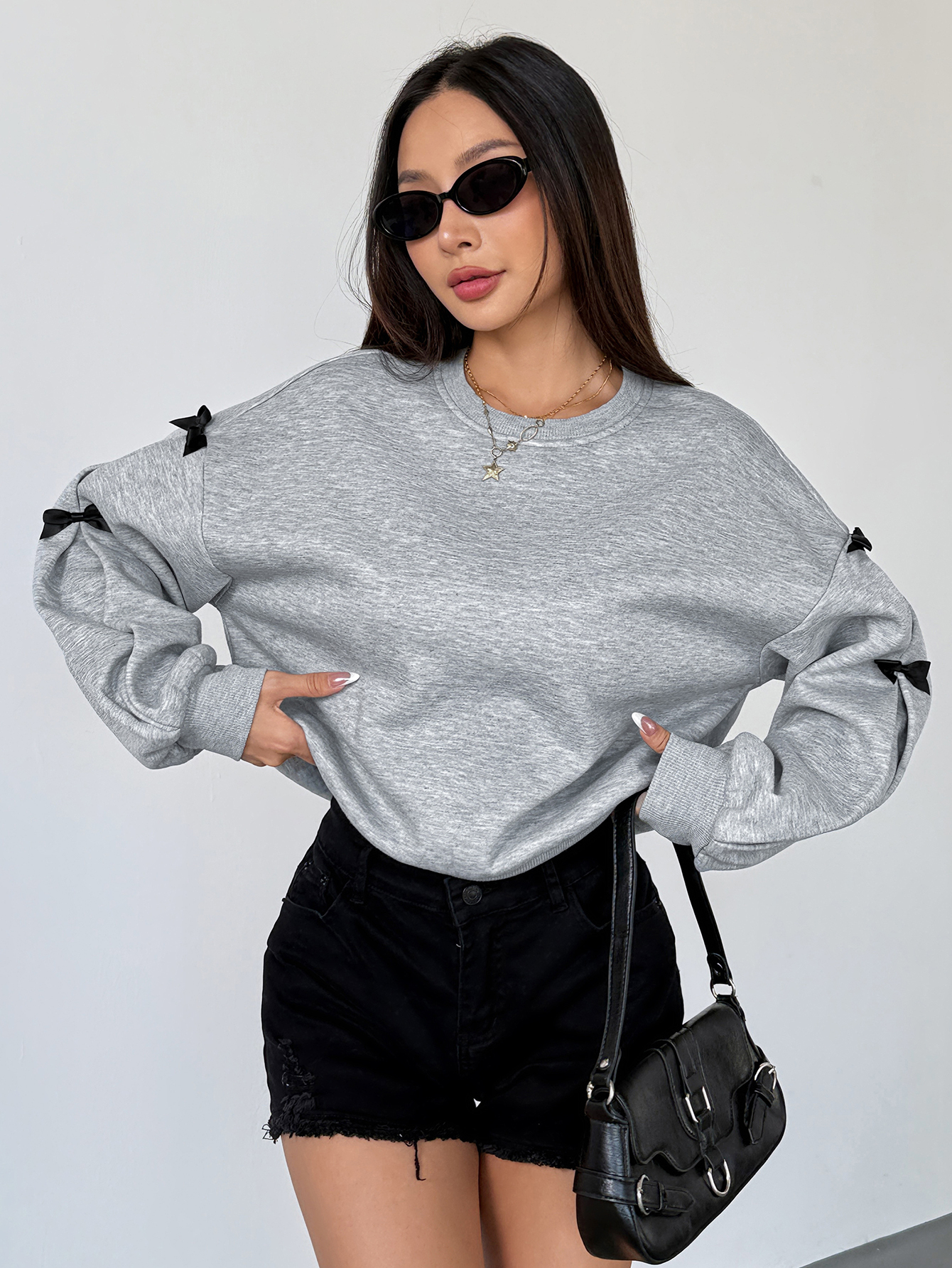 ray Fleece Sweatshirt With Bow Decor, Autumn/Winter Graduation,Back To School Outfits,Graduation,Teacher Outfits For Women,Back To School