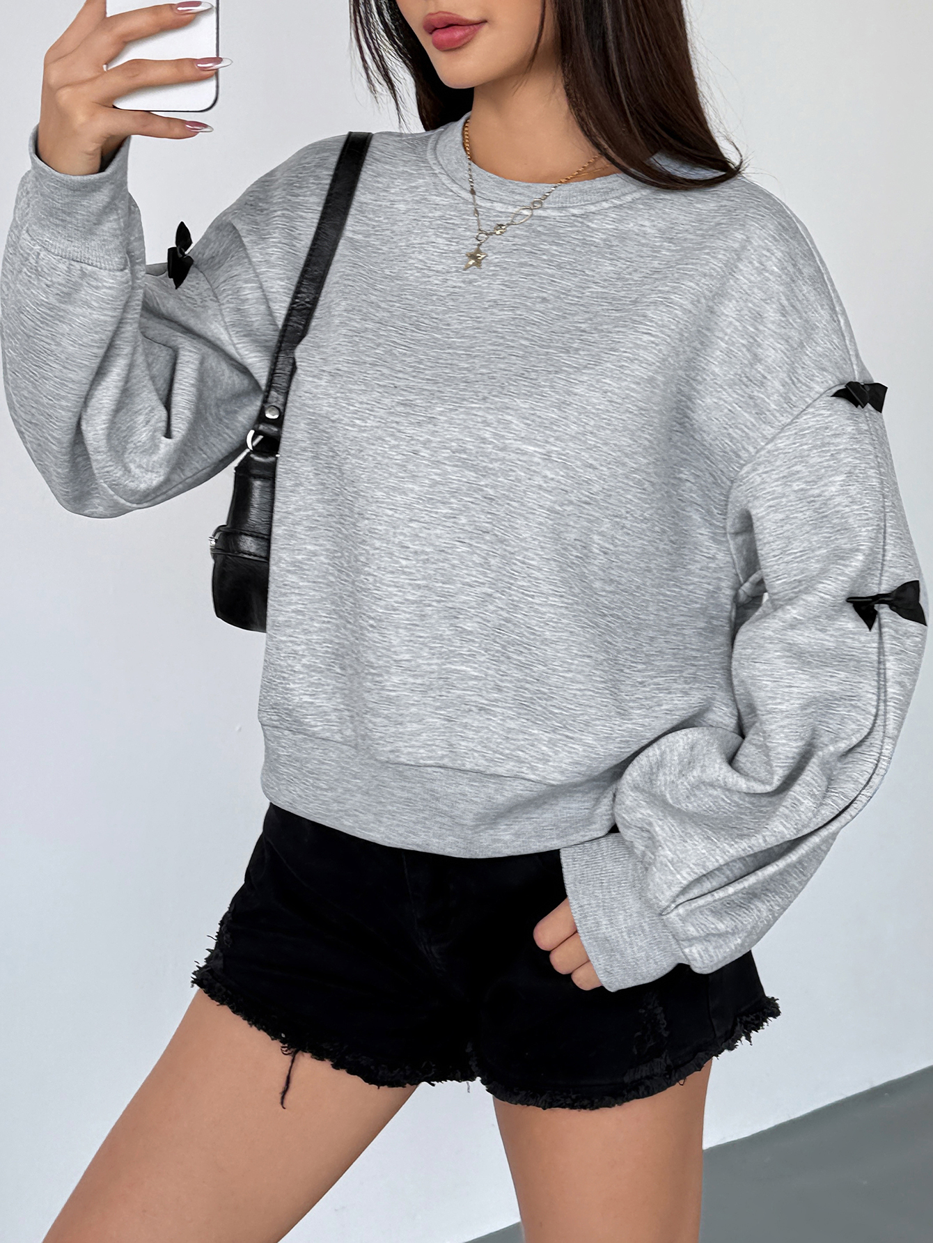 ray Fleece Sweatshirt With Bow Decor, Autumn/Winter Graduation,Back To School Outfits,Graduation,Teacher Outfits For Women,Back To School