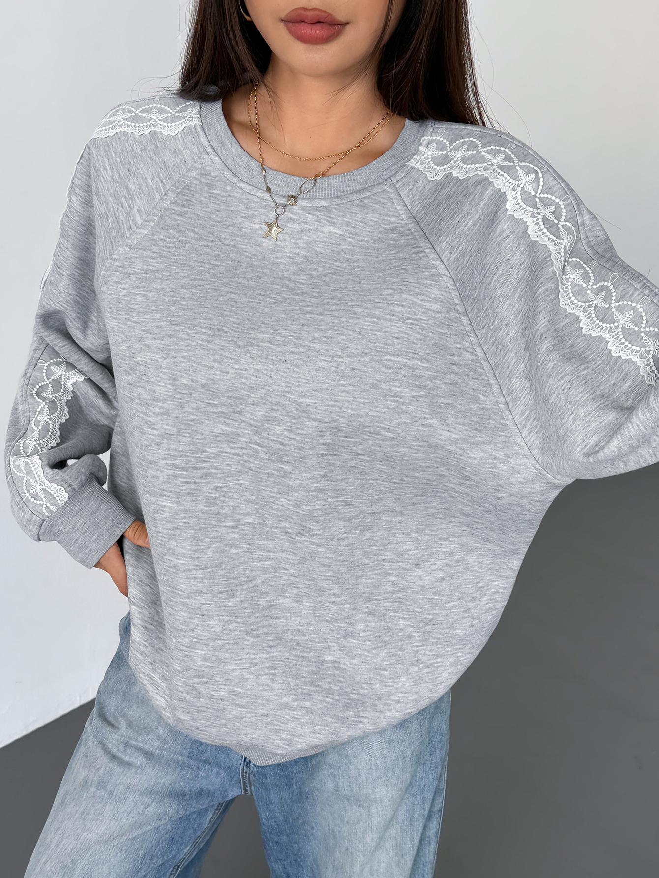 Women's Casual Lace Patchwork Sweatshirt, Autumn/Winter