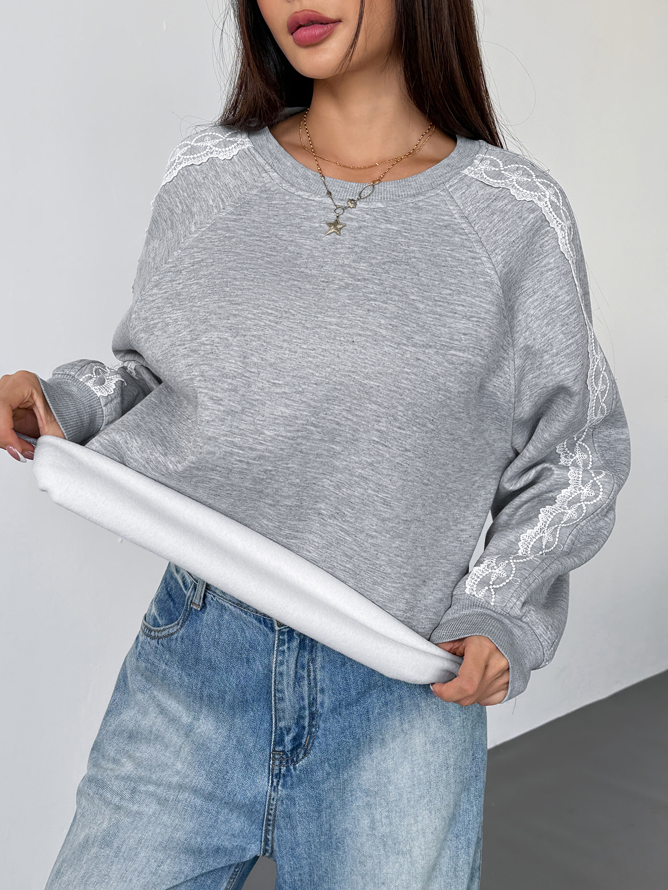 Women's Casual Lace Patchwork Sweatshirt, Autumn/Winter