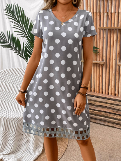 Women's Polka Dot Printed V-Neck Short Sleeve Dress