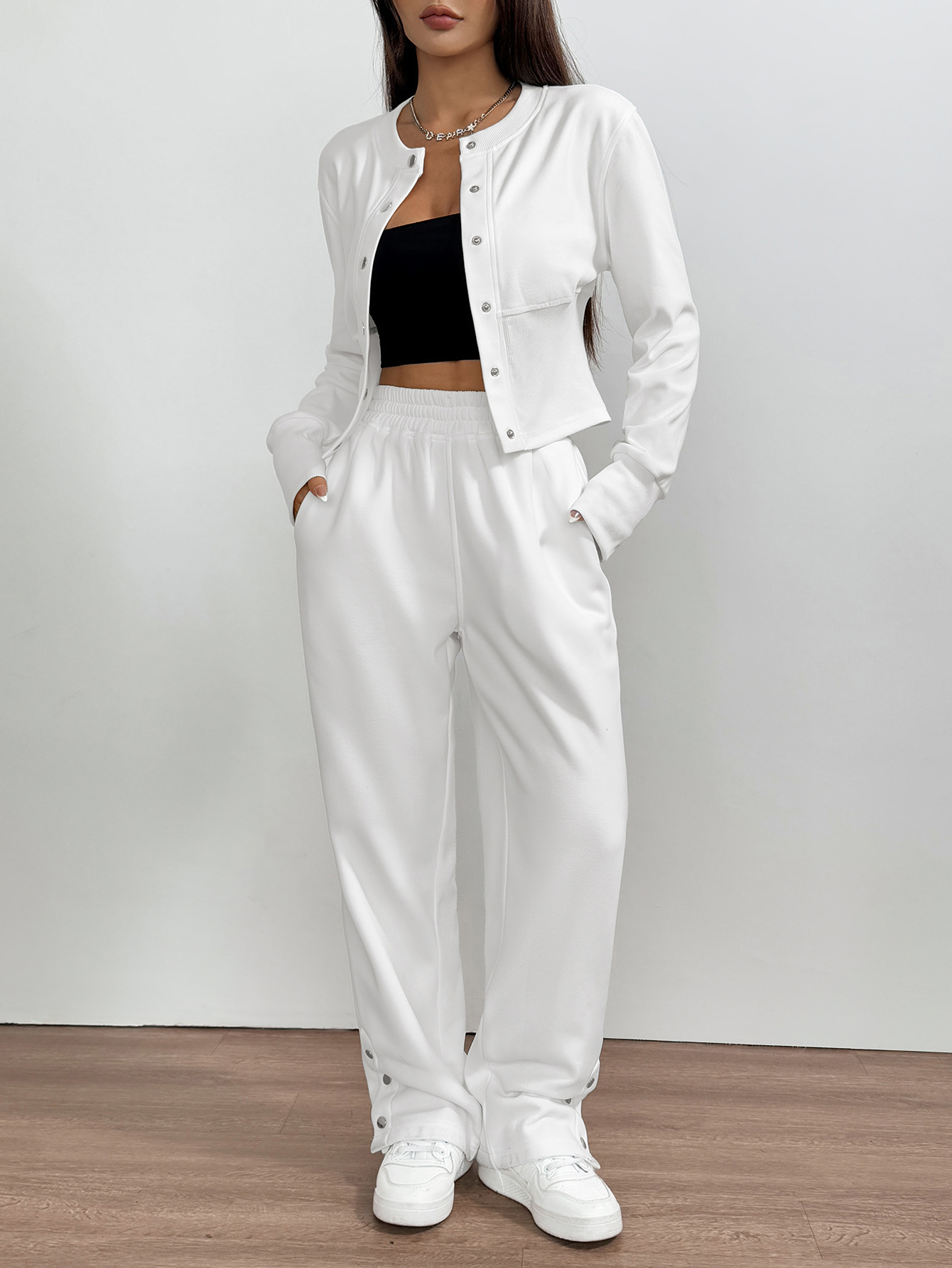 OA037 Women's waist cardigan top casual sports pants set(Can be customized printing)