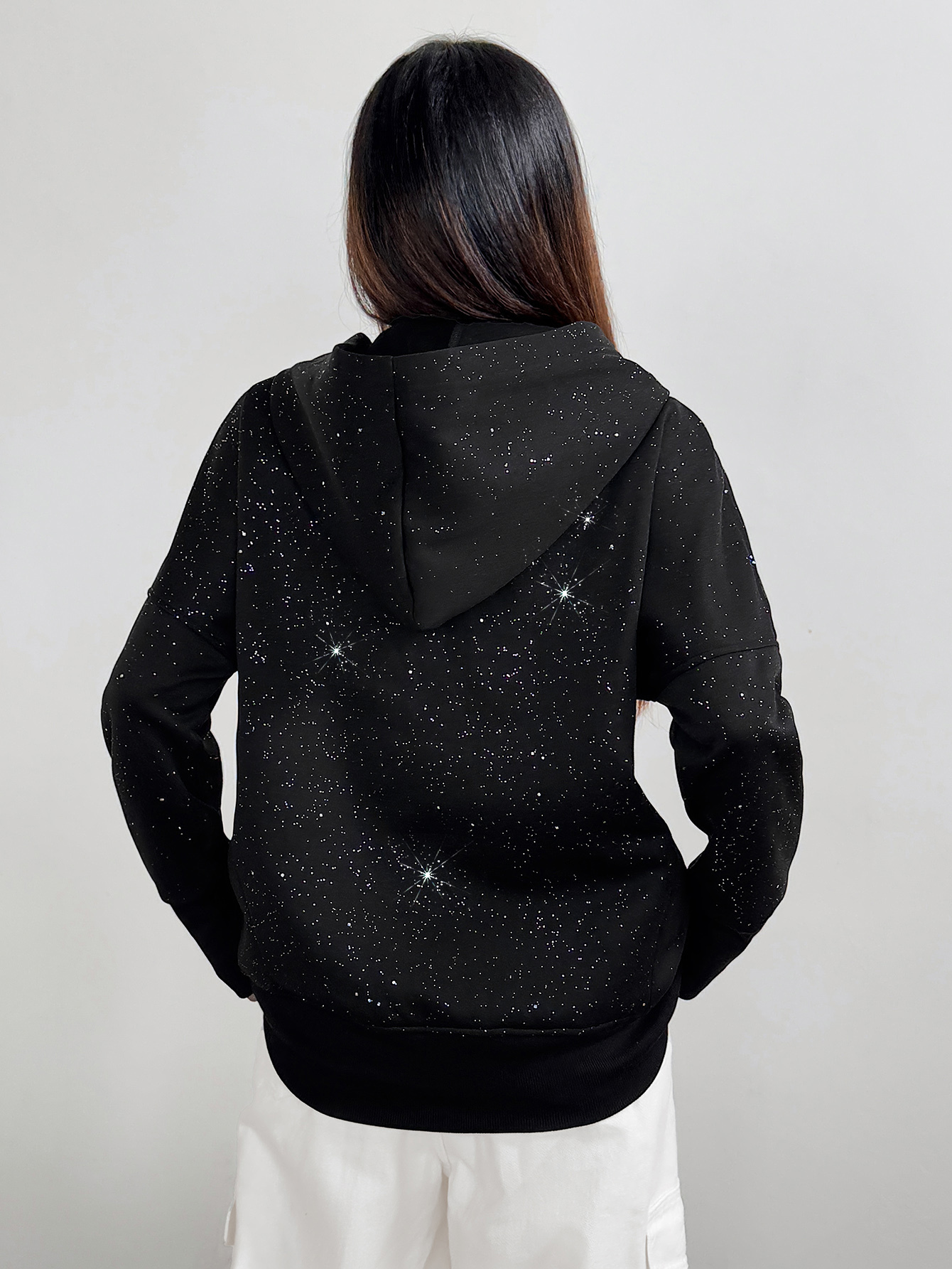 Women's casual hooded sweatshirt with silver embellishments