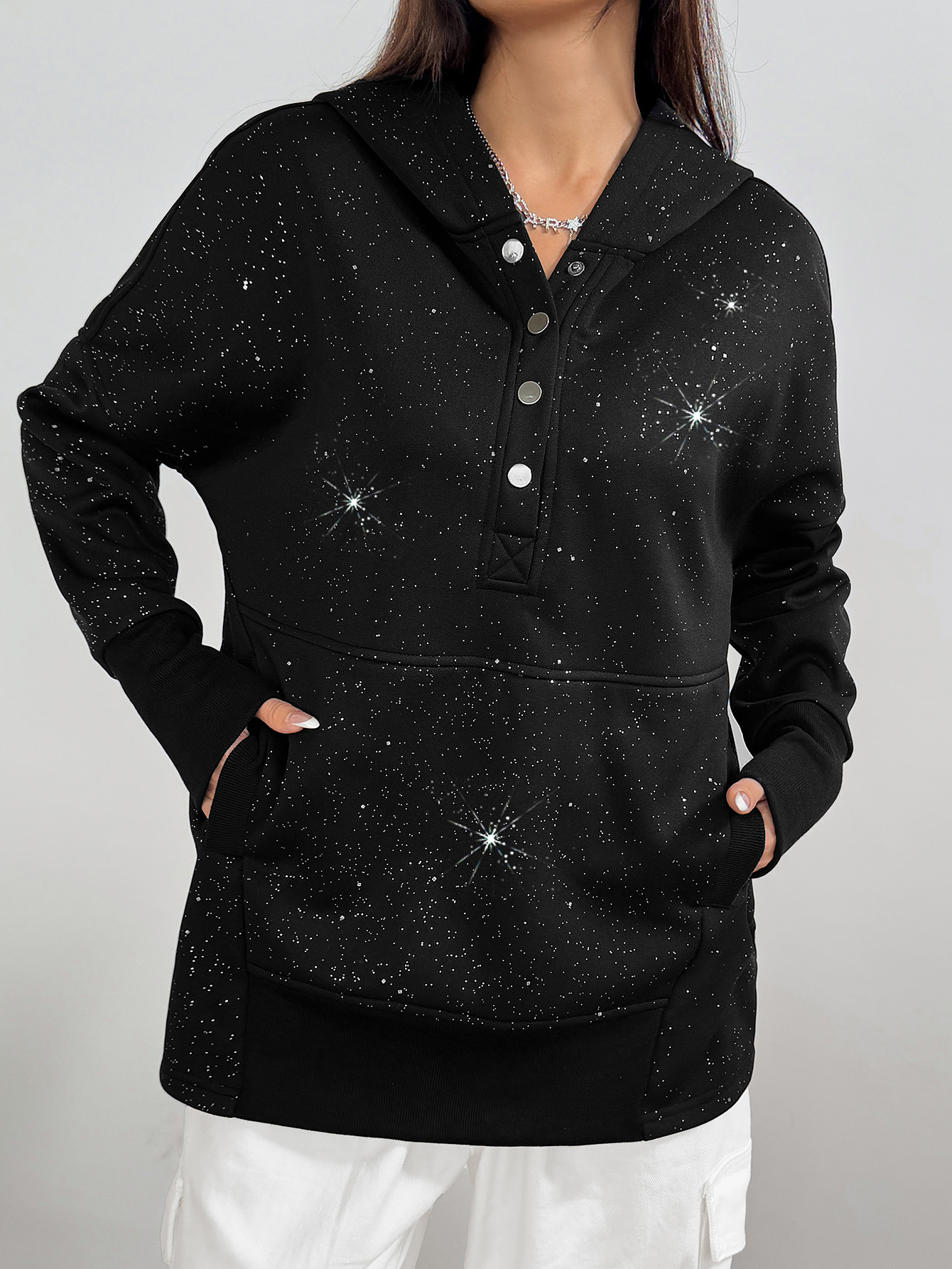 Women's casual hooded sweatshirt with silver embellishments