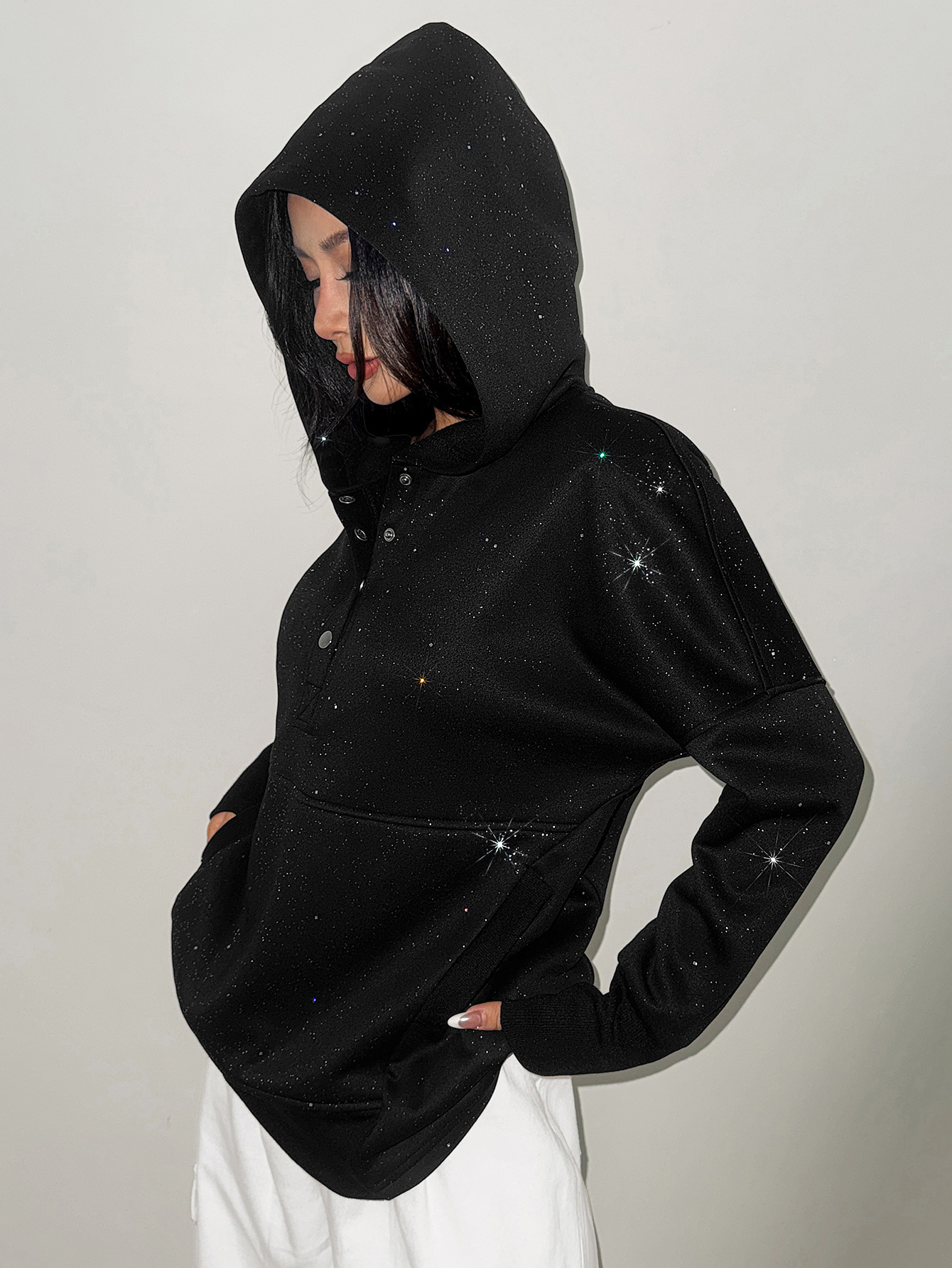 Women's casual hooded sweatshirt with silver embellishments
