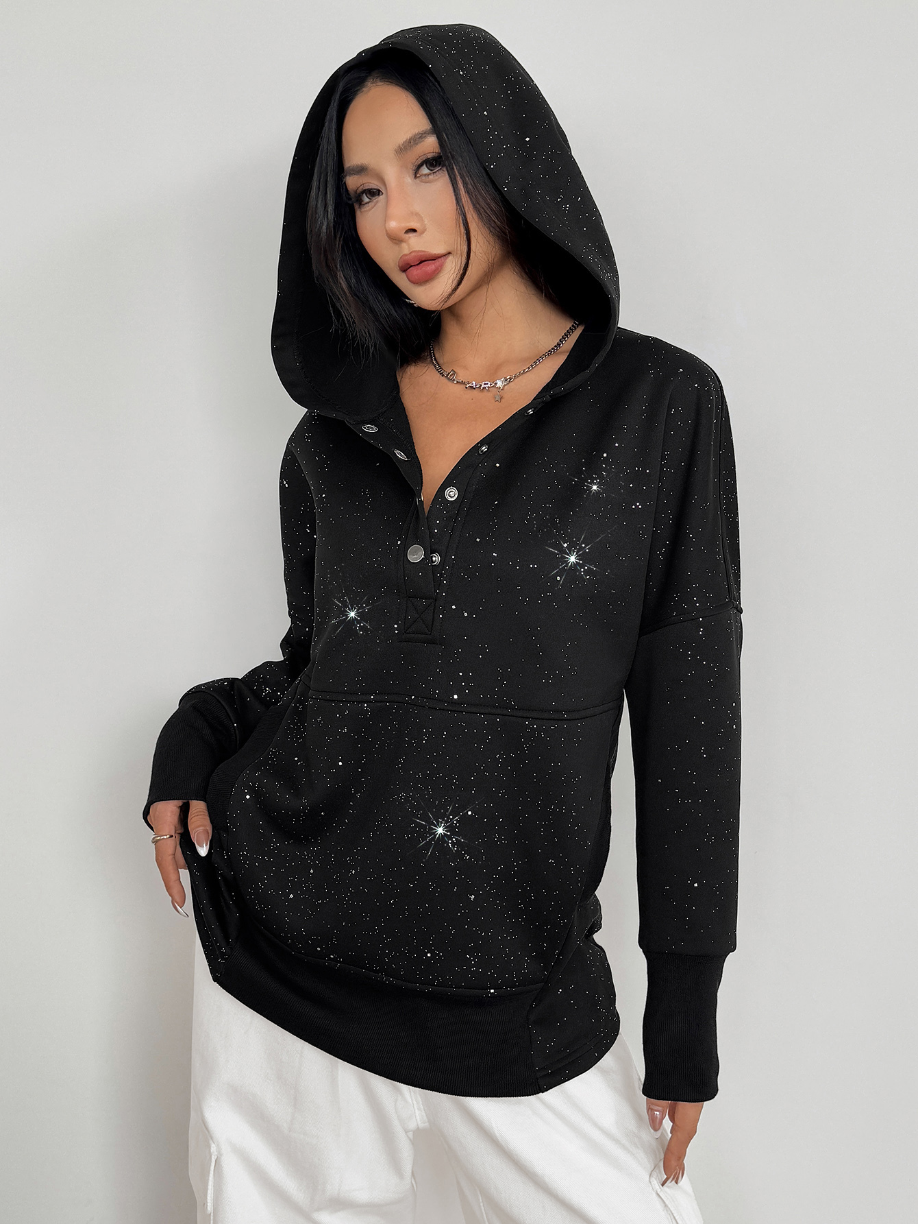 Women's casual hooded sweatshirt with silver embellishments
