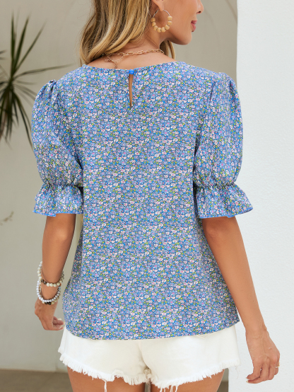 s1849 Floral Flounce Sleeve Blouse