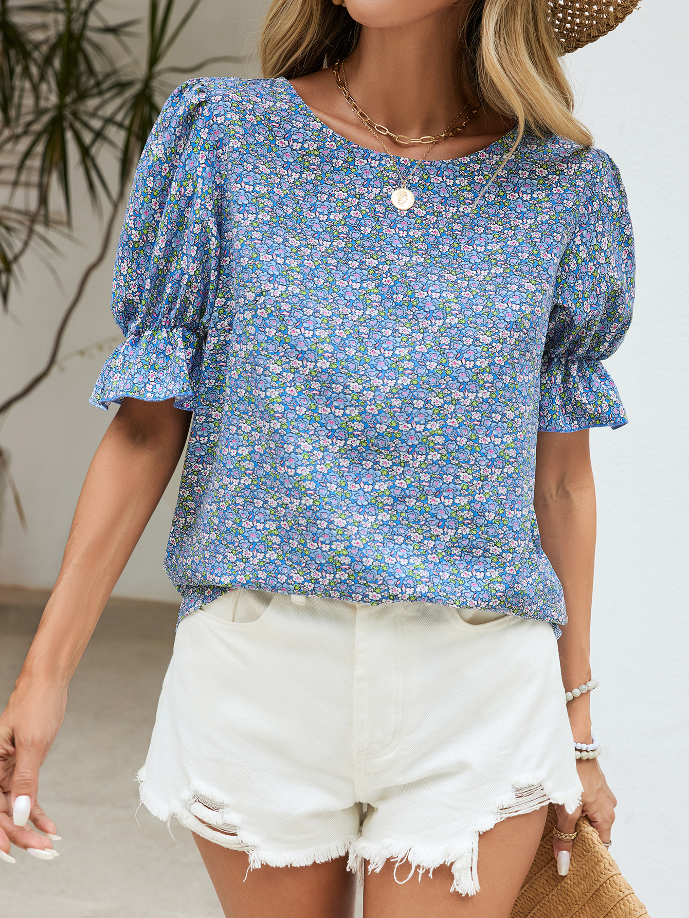 s1849 Floral Flounce Sleeve Blouse