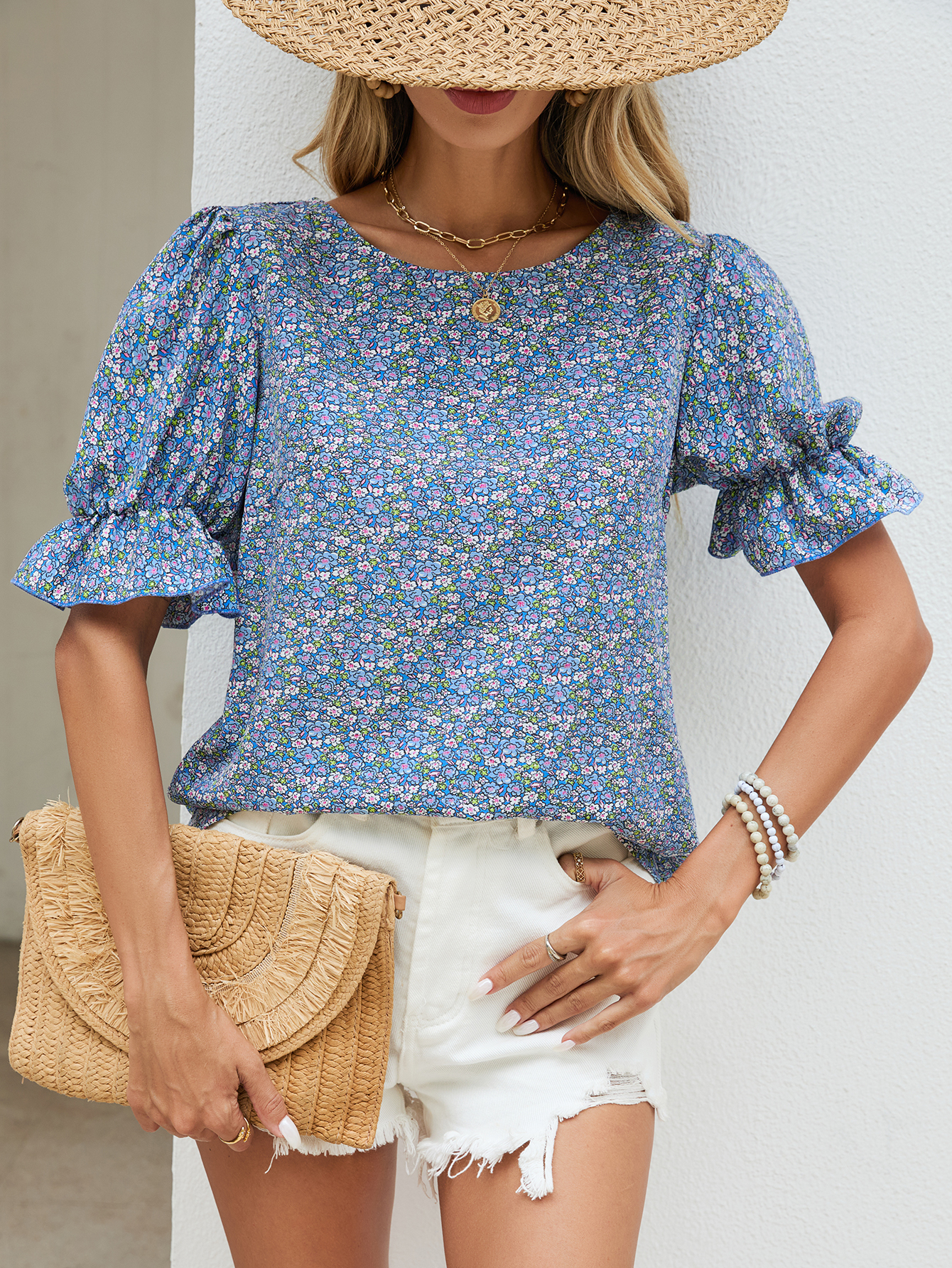 s1849 Floral Flounce Sleeve Blouse