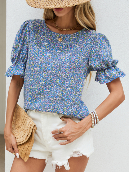 s1849 Floral Flounce Sleeve Blouse