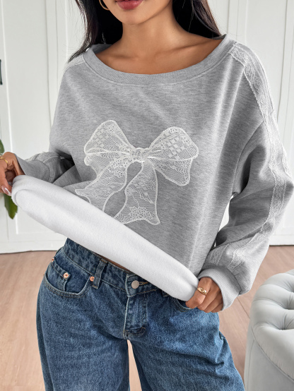 Women's Hand-Cranked Bowknot Decorated Lace Sleeve Sweatshirt