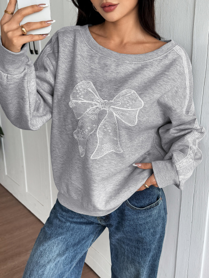 Women's Hand-Cranked Bowknot Decorated Lace Sleeve Sweatshirt