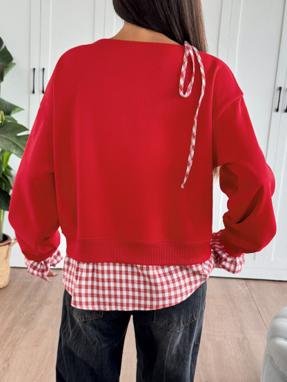 Women's Plaid Patchwork Hem Off-Shoulder Sweatshirt