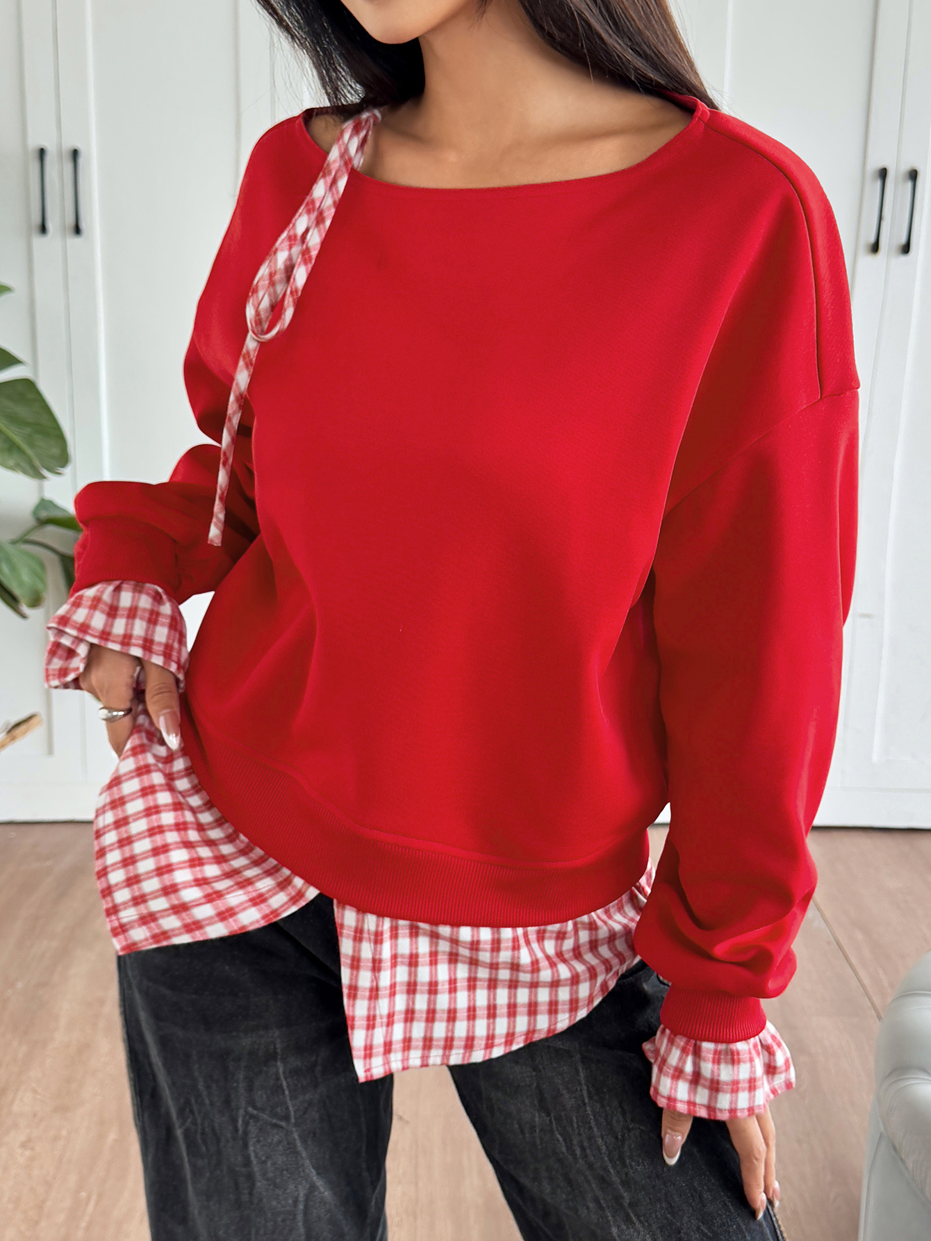 Women's Plaid Patchwork Hem Off-Shoulder Sweatshirt