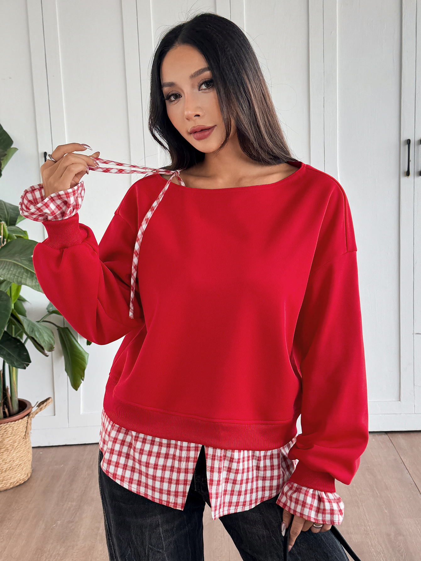 Women's Plaid Patchwork Hem Off-Shoulder Sweatshirt