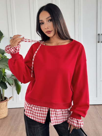 Women's Plaid Patchwork Hem Off-Shoulder Sweatshirt
