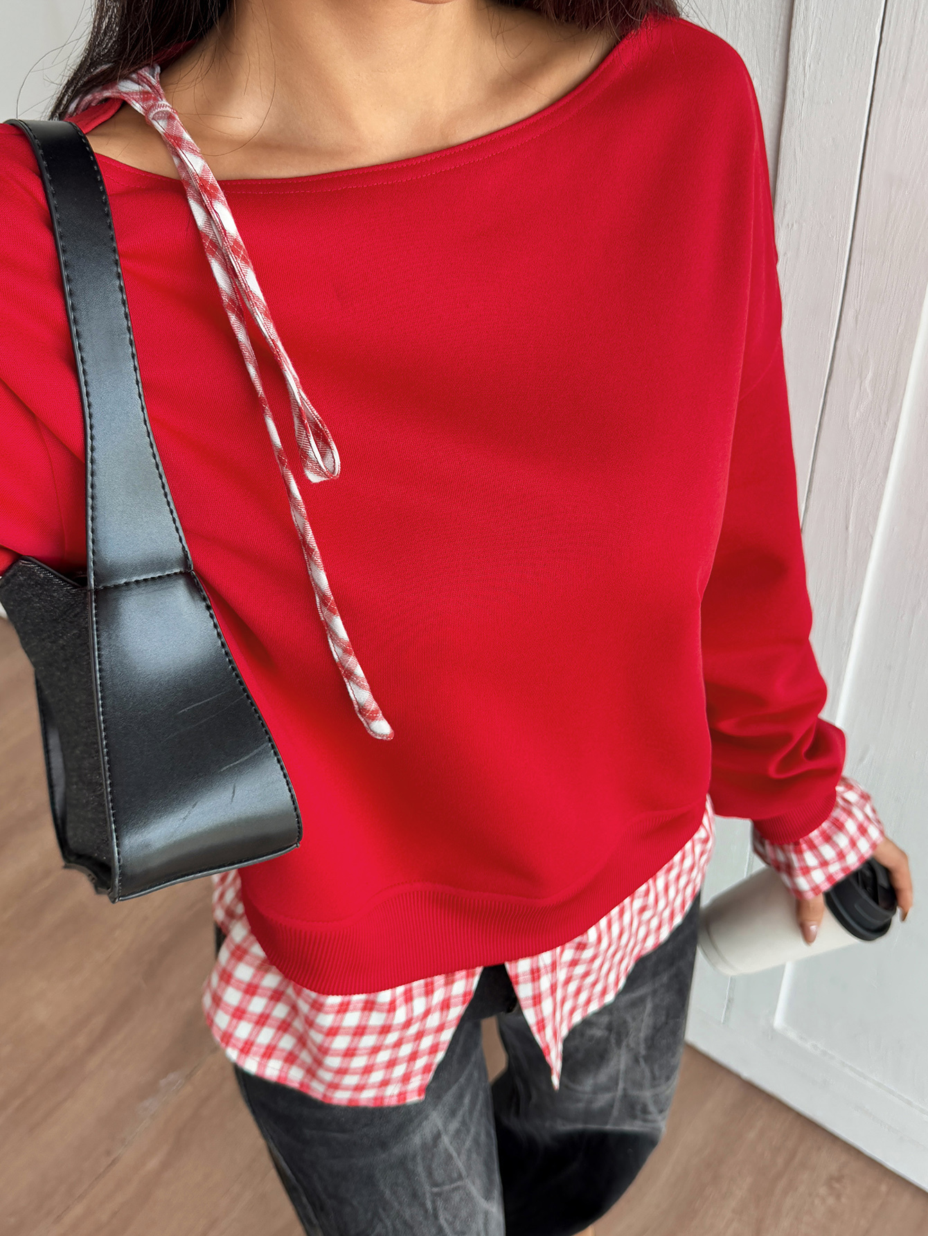 Women's Plaid Patchwork Hem Off-Shoulder Sweatshirt