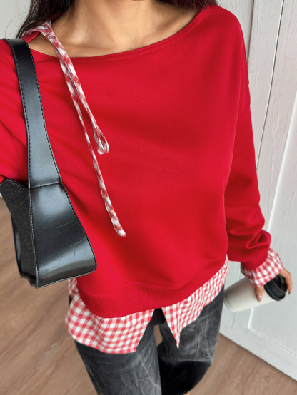 Women's Plaid Patchwork Hem Off-Shoulder Sweatshirt