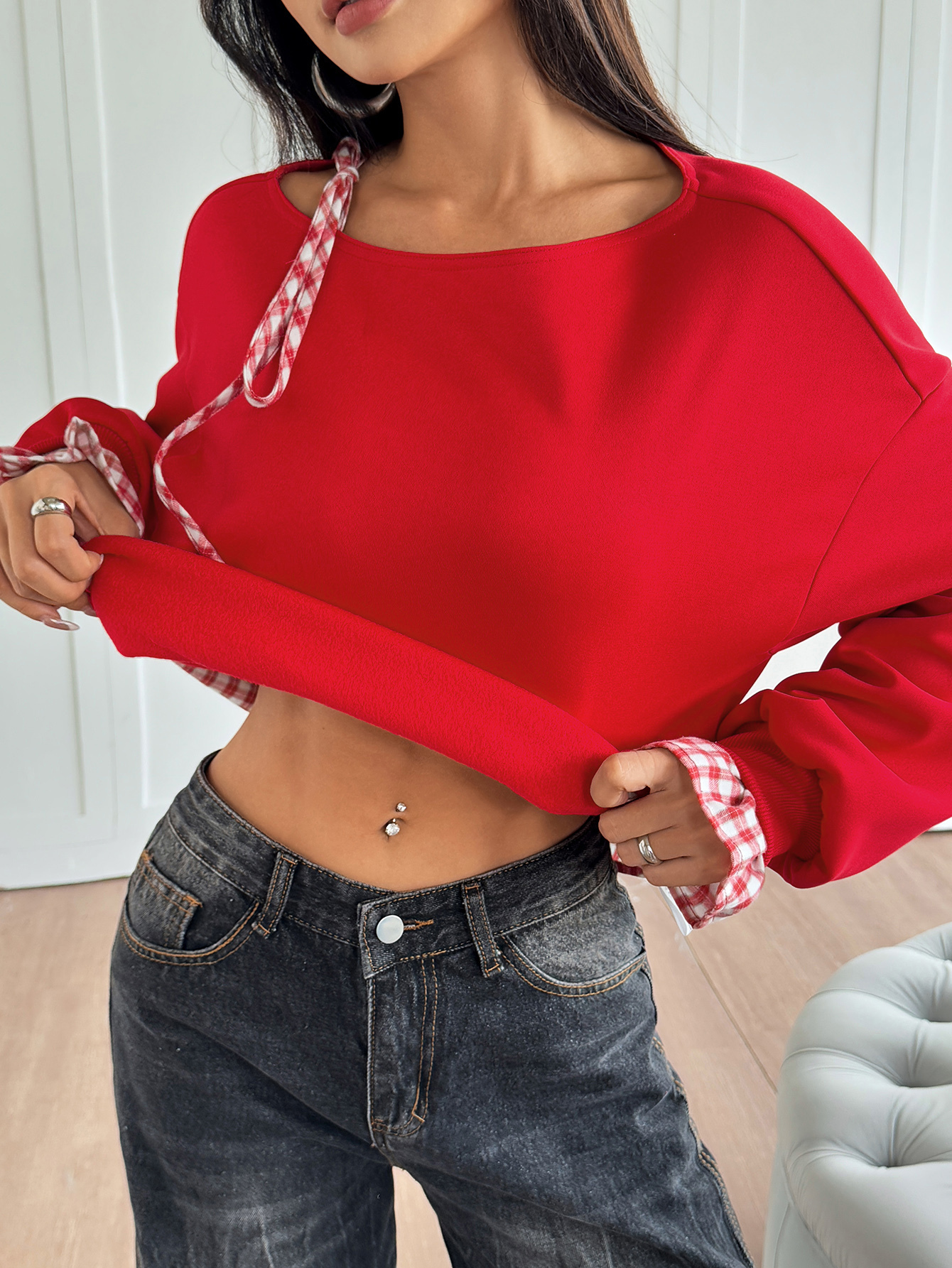 Women's Plaid Patchwork Hem Off-Shoulder Sweatshirt