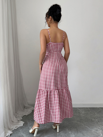 Women's Casual Plaid Strap Dress With Ruffle Hem & Single-Breasted