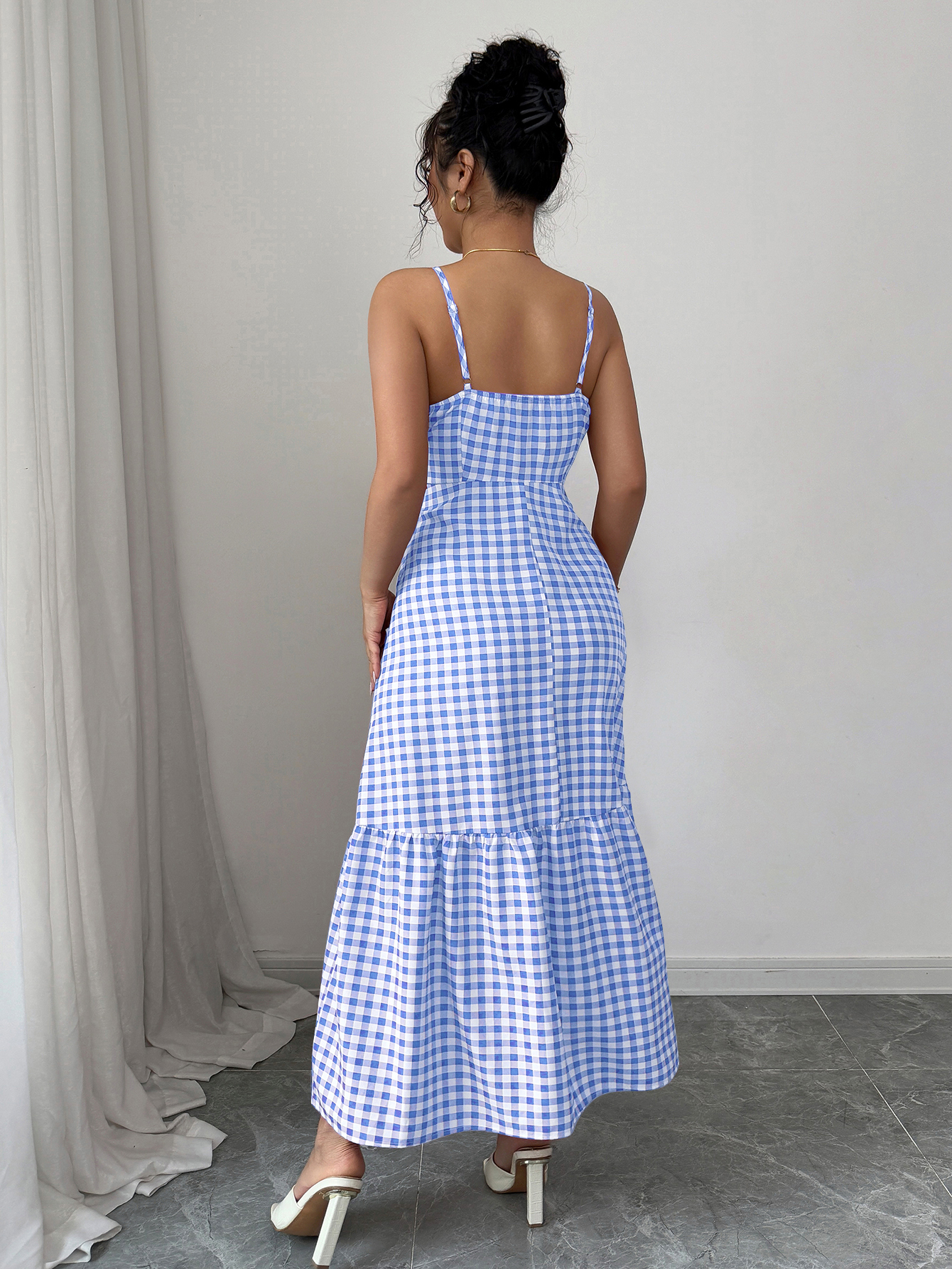 Women's Casual Plaid Strap Dress With Ruffle Hem & Single-Breasted