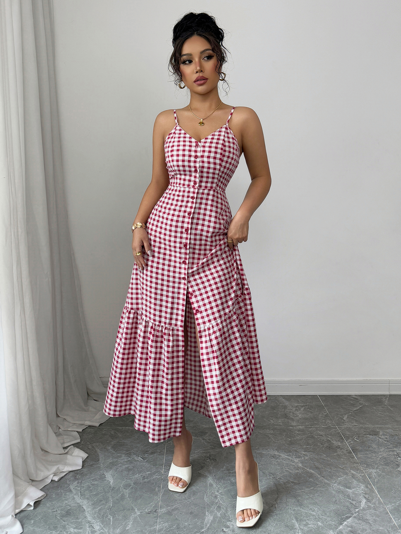 Women's Casual Plaid Strap Dress With Ruffle Hem & Single-Breasted