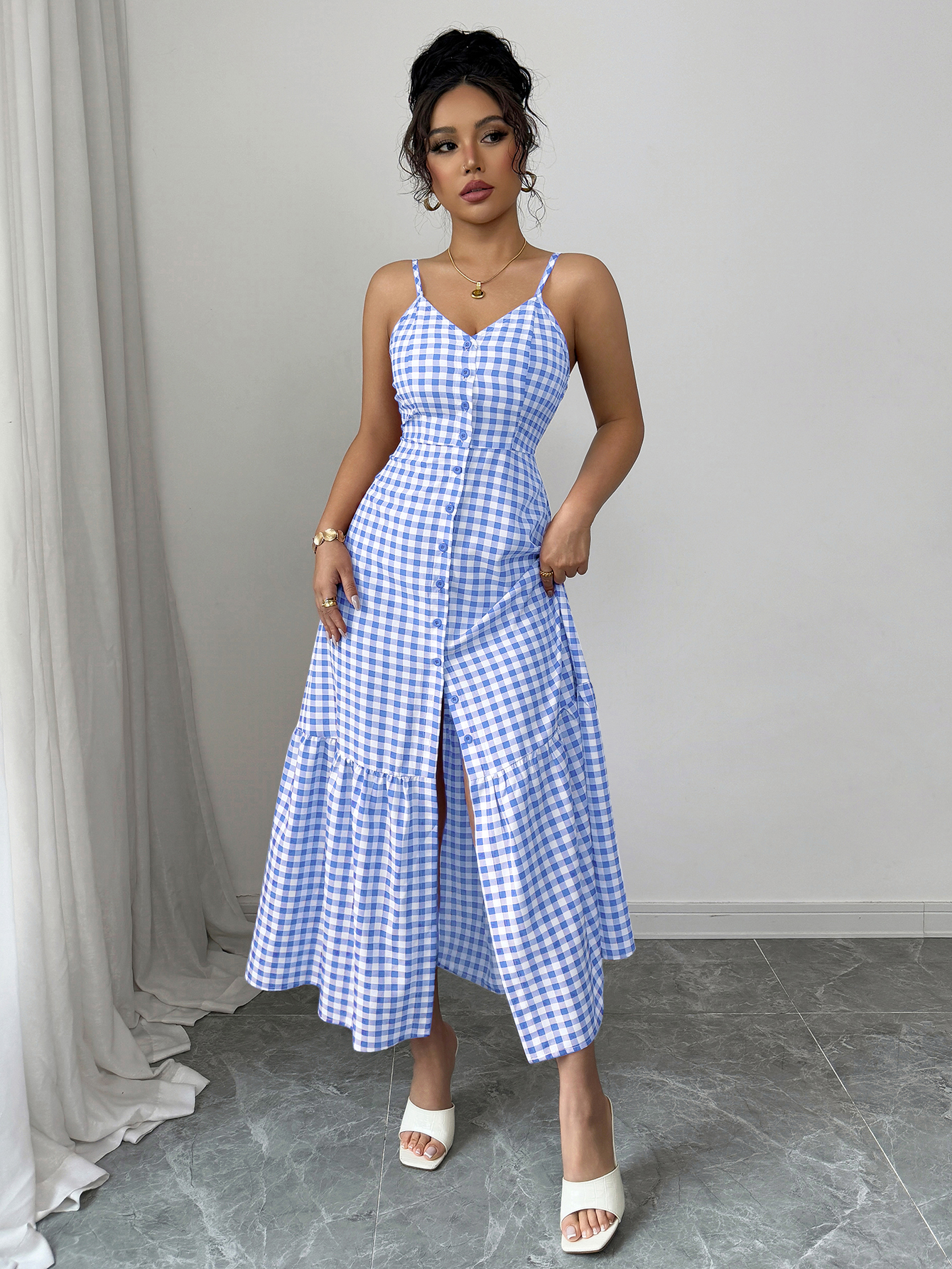 Women's Casual Plaid Strap Dress With Ruffle Hem & Single-Breasted