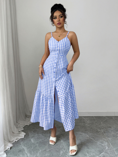 Women's Casual Plaid Strap Dress With Ruffle Hem & Single-Breasted
