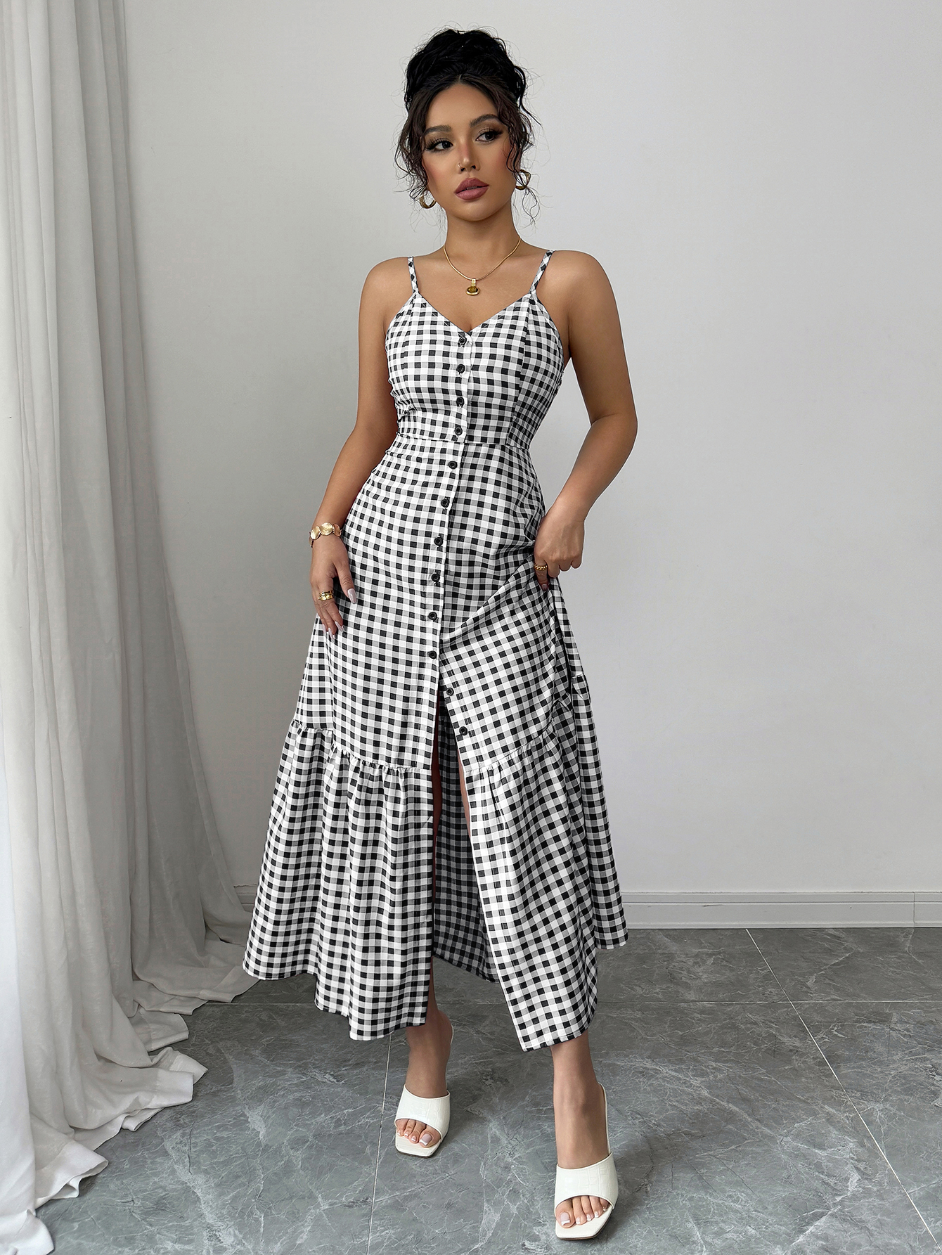 Women's Casual Plaid Strap Dress With Ruffle Hem & Single-Breasted